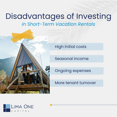 Disadvantages of investing in Short-Term Vacation Rentals: High initial costs, seasonal income, ongoing expenses, more tenant turnover 