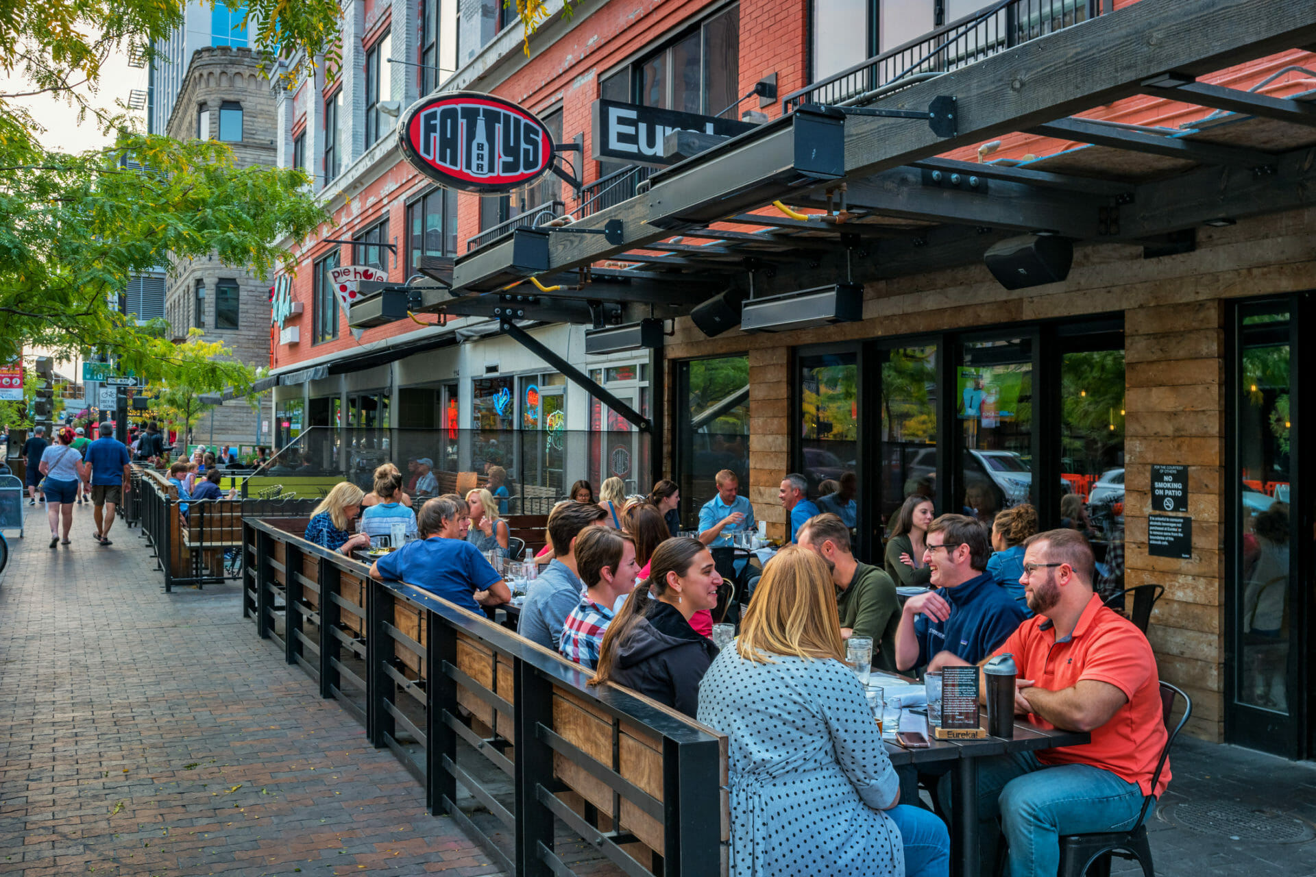 People dine at restaurant patio in downtown Boise Idaho USA Comerica Park in Detroit, Michigan