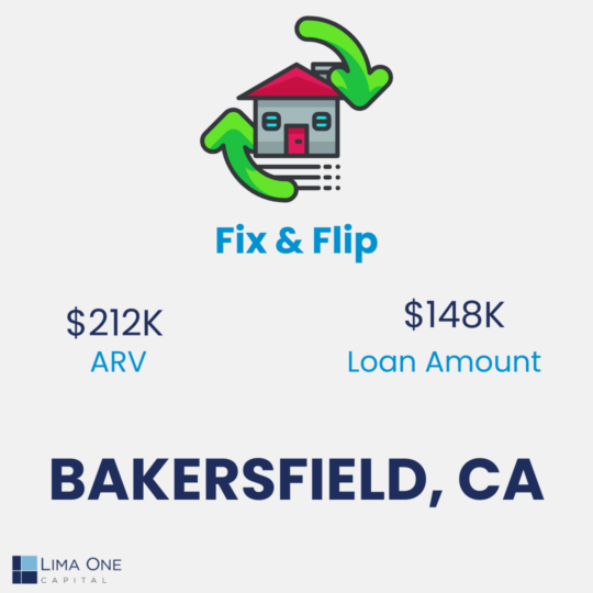 Bakersfield, CA real estate fix and flip, showcasing $212,000 ARV rate and a $148,000 loan amount from Lima One. 