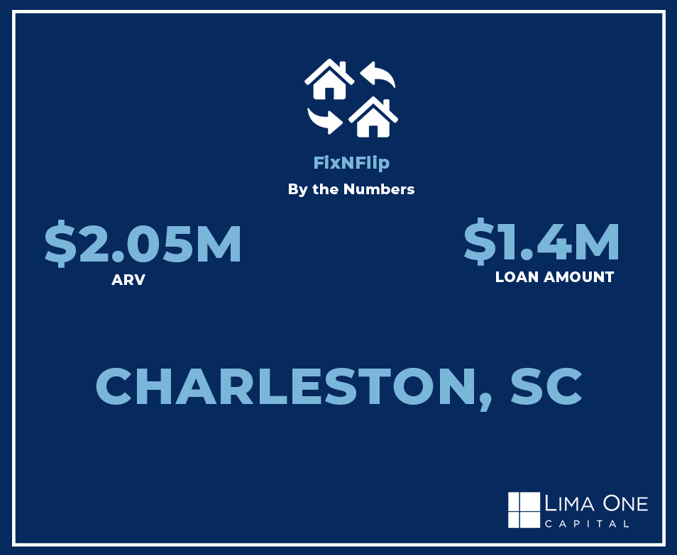 Lima One FixNFlip loan by the numbers showcasing $2.05 million and $1.4 million loan amount in Charleston, SC. 