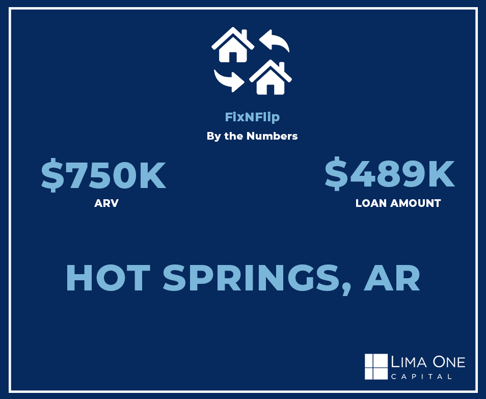 Lima One Capital FixNFlip loan by the numbers showcasing $750K ARV and $489K loan amount in Hot Springs, Arkansas.  