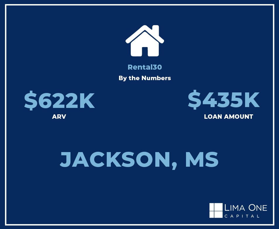 Lima One Capital Rental loan by the numbers showcasing 622K ARV and 435K loan amount in Jackson, MS. 