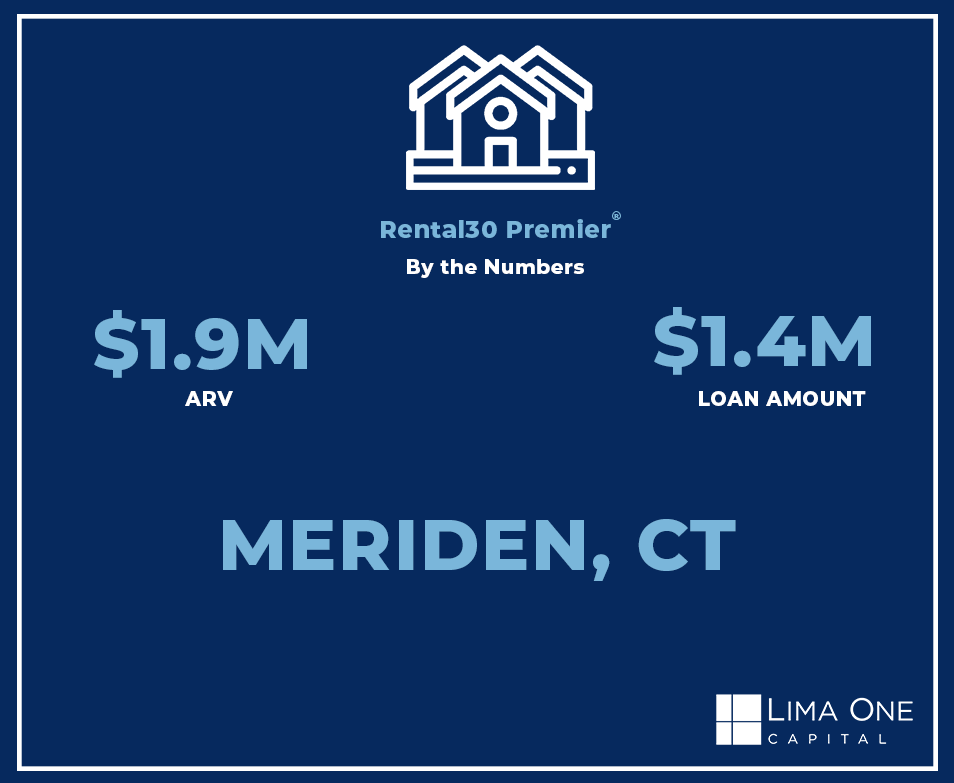 Lima One Capital Rental loan by the numbers showcasing $1.9M ARV and $1.4M loan amount in Meriden, CT.  