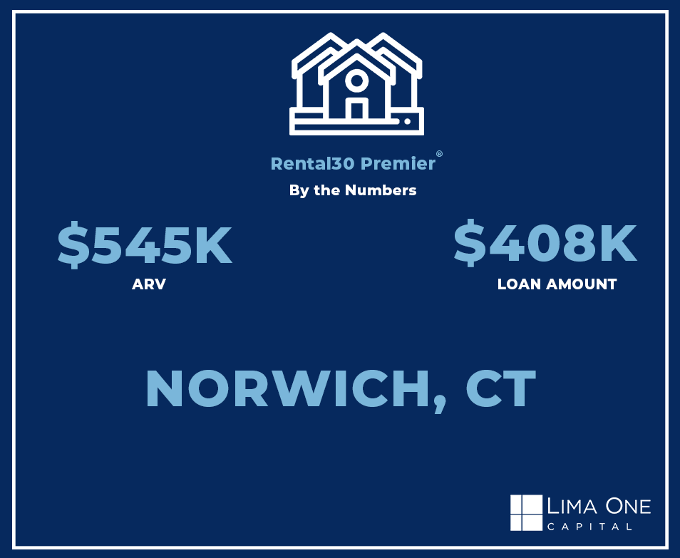 Just Funded - Norwich, CT Lima One Capital Rental loan by the numbers showcasing $545K ARV and $408K loan amount in Norwich, CT.