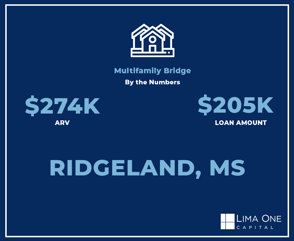 Lima One Capital Multifamily Bridge Loan by the numbers showcasing 274K ARV and 205K loan amount in Ridgeland, MS. 