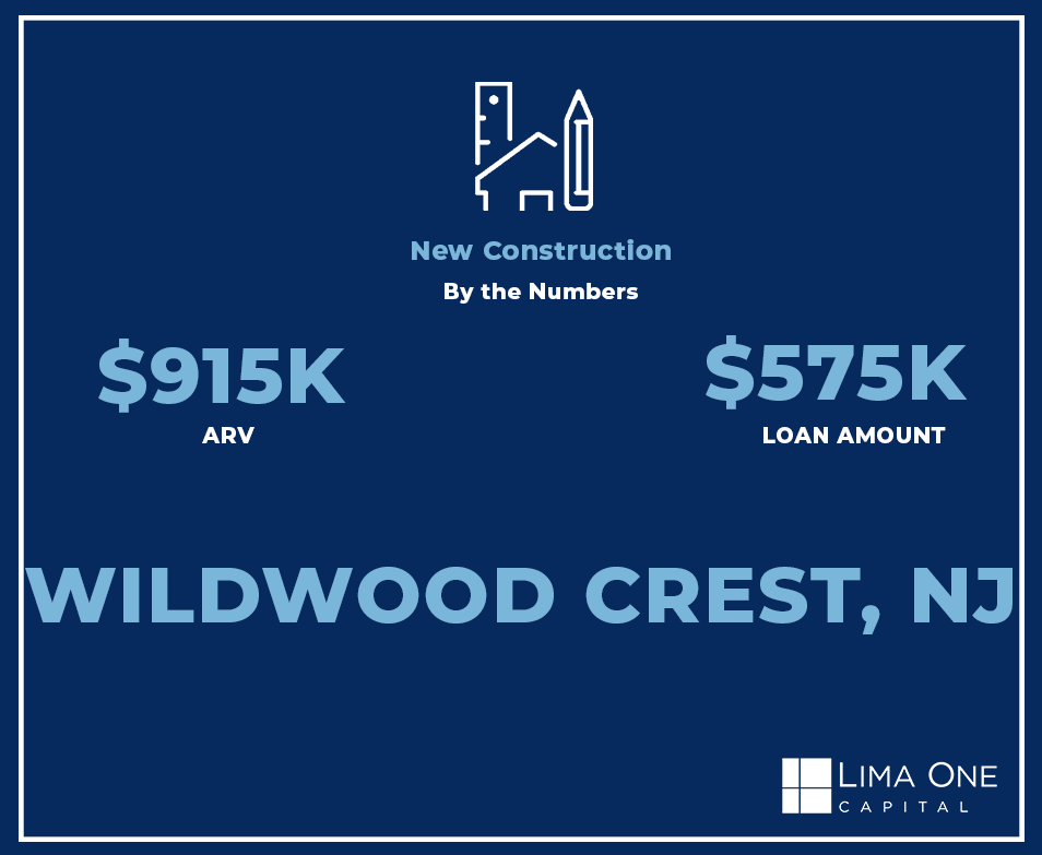 Lima One Capital New Construction by the numbers showcasing 915K ARV and 575K loan amount in Wildwood Crest, NJ. 