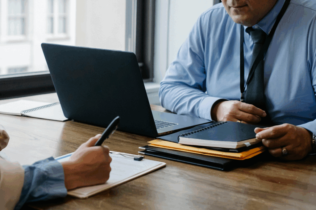 Man in dress shirt and tie sitting across the table from another with a laptop, notebook and pen 
