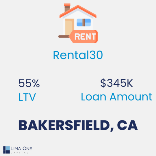 Bakersfield, CA real estate rental, showcasing 55% LTV rate and $345,000 loan amount from Lima One. 