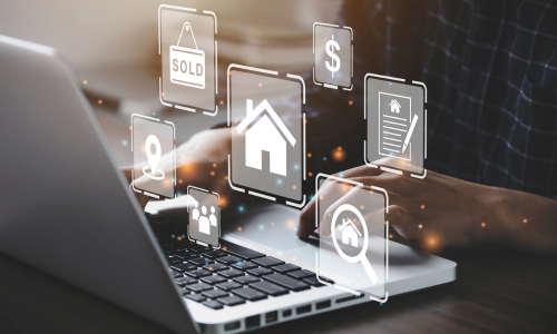 Businessman using a computer for property sales & listings, Real Estate Agent agency & contractor, residential property, investment, housing project, property development real estate, choose a house buy online.