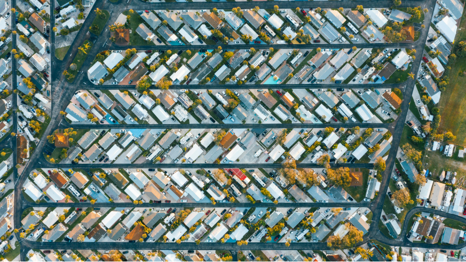 Aerial view of a row of houses