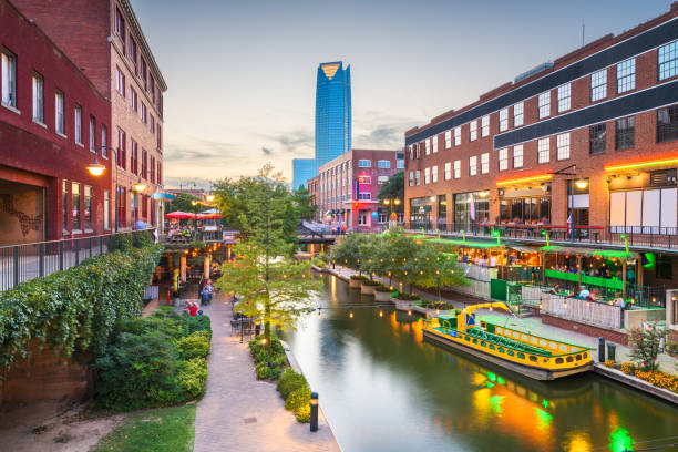 Oklahoma City, Oklahoma, USA cityscape in Bricktown at dusk.