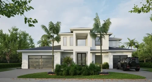 Rendering of exterior of luxury new construction home in Riviera Beach, Florida.