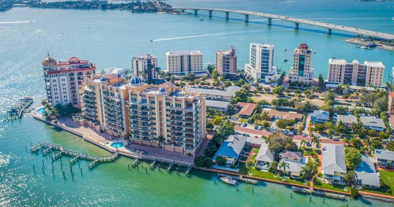 aerial view of building on the waterfront in Sarasota Florida